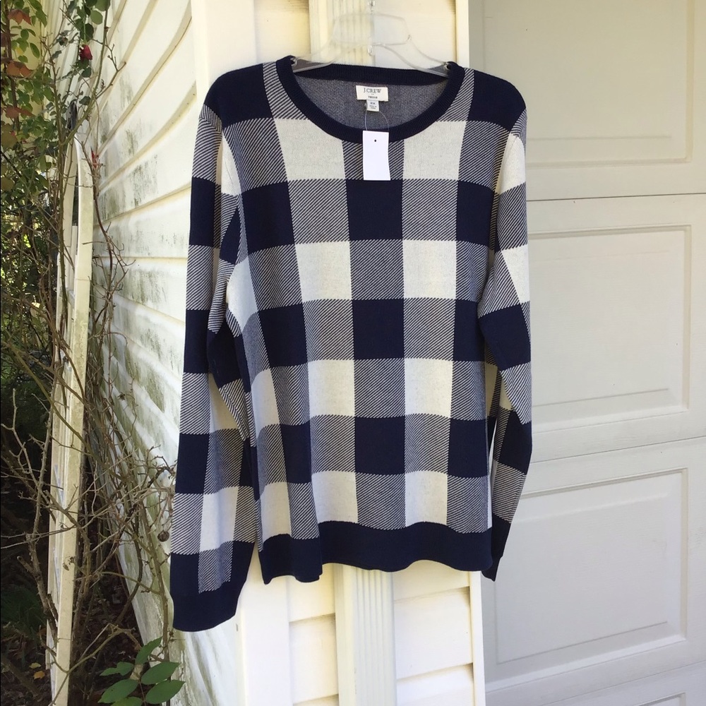 NWT J Crew Pretty Navy & White Buffalo Plaid Check Long Sleeve Sweater - Picture 1 of 7